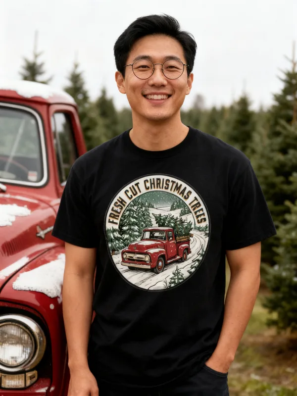 Man at a Christmas tree farm next to a red vintage pickup with a fresh-cut tree in the bed wearing the Fresh Cut Christmas Trees tee
