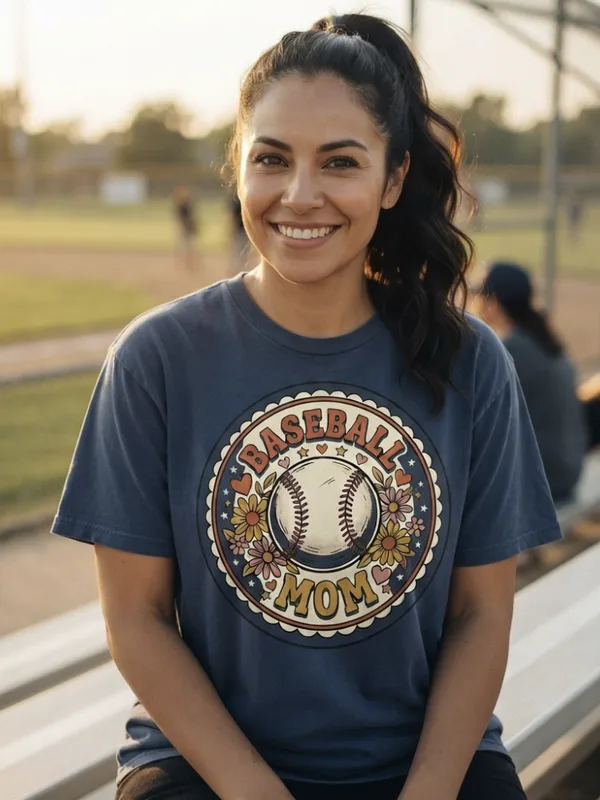 Mom on the ballpark bleachers at golden hour wearing the Diamond Days baseball mom tee