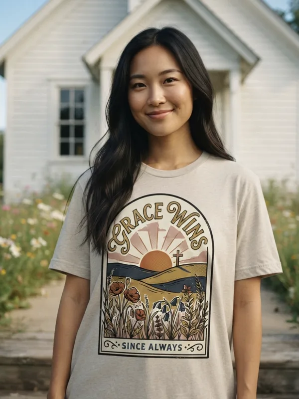 Woman outside a white country church on Sunday morning wearing the Grace Wins Christian tee