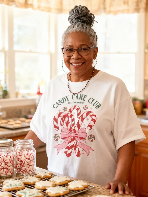 Woman in a home kitchen during a Christmas cookie swap wearing the Candy Cane Club tee