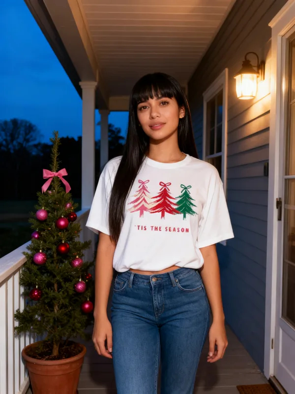 Woman on a farmhouse porch at blue hour beside a small Christmas tree wearing the Pink Christmas Trees tee