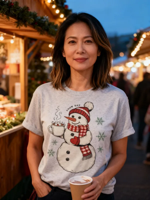 Woman at an outdoor Christmas market cocoa stand at dusk wearing the Vintage Snowman tee