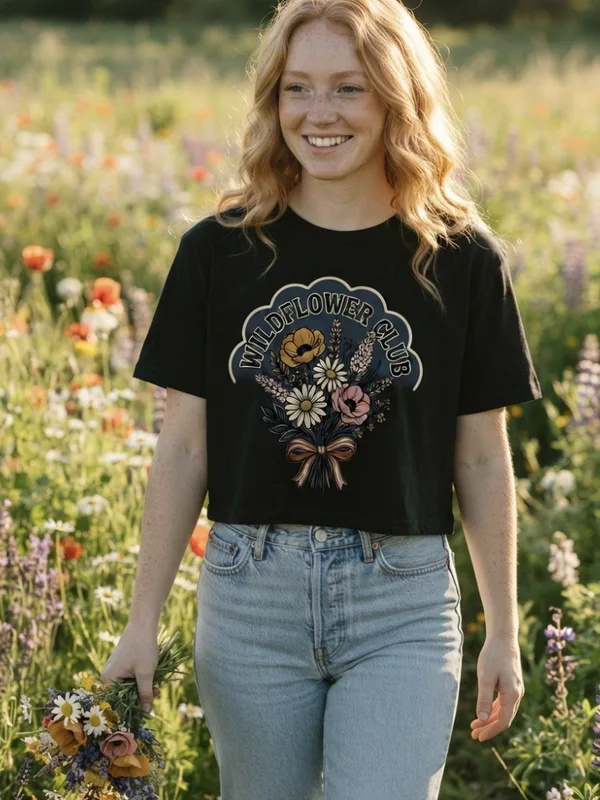 Woman in a wildflower meadow wearing the Wildflower Club cropped tee