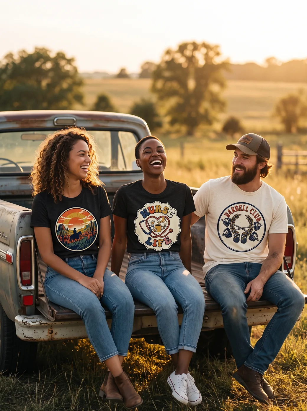 Three friends laughing on a pickup tailgate at golden hour, wearing Graphic Tees Co. graphic tees